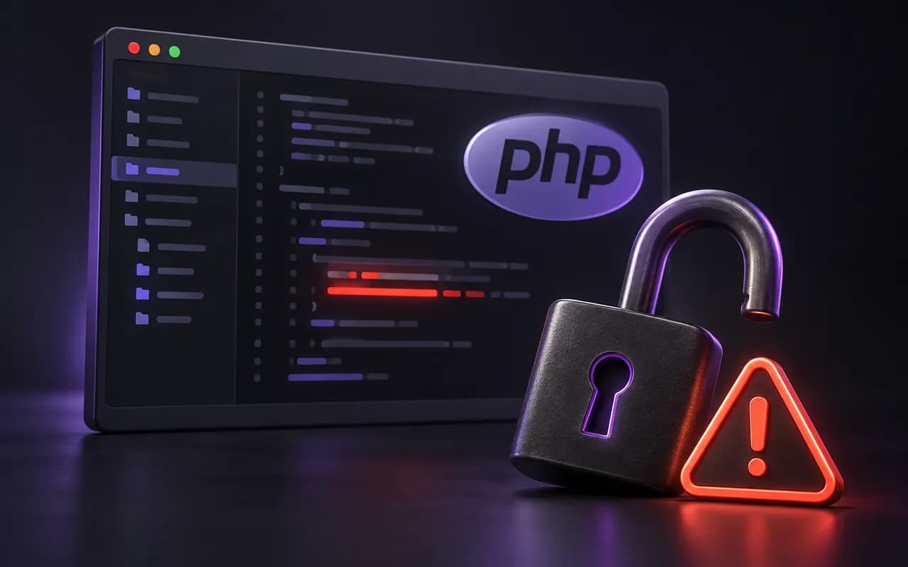 PHP 코드 화면 앞에 열린 자물쇠와 경고 표시