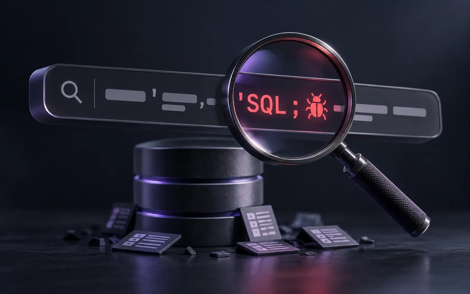 검색창에 섞여 들어온 SQL 공격 문자열을 돋보기로 찾아내는 모습